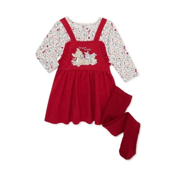 Nwt Disney Bambi Baby Girls Pinafore Dress, Top withLong Sleeves and Tights Set - Picture 1 of 8